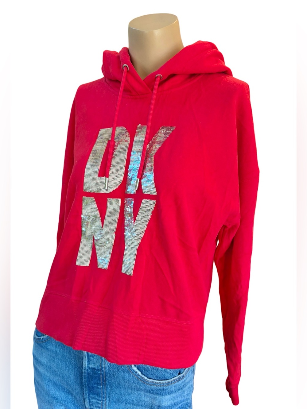 DKNY Sport Sequin Logo Hoodie Red Silver Pullover Sweatshirt M NWOT